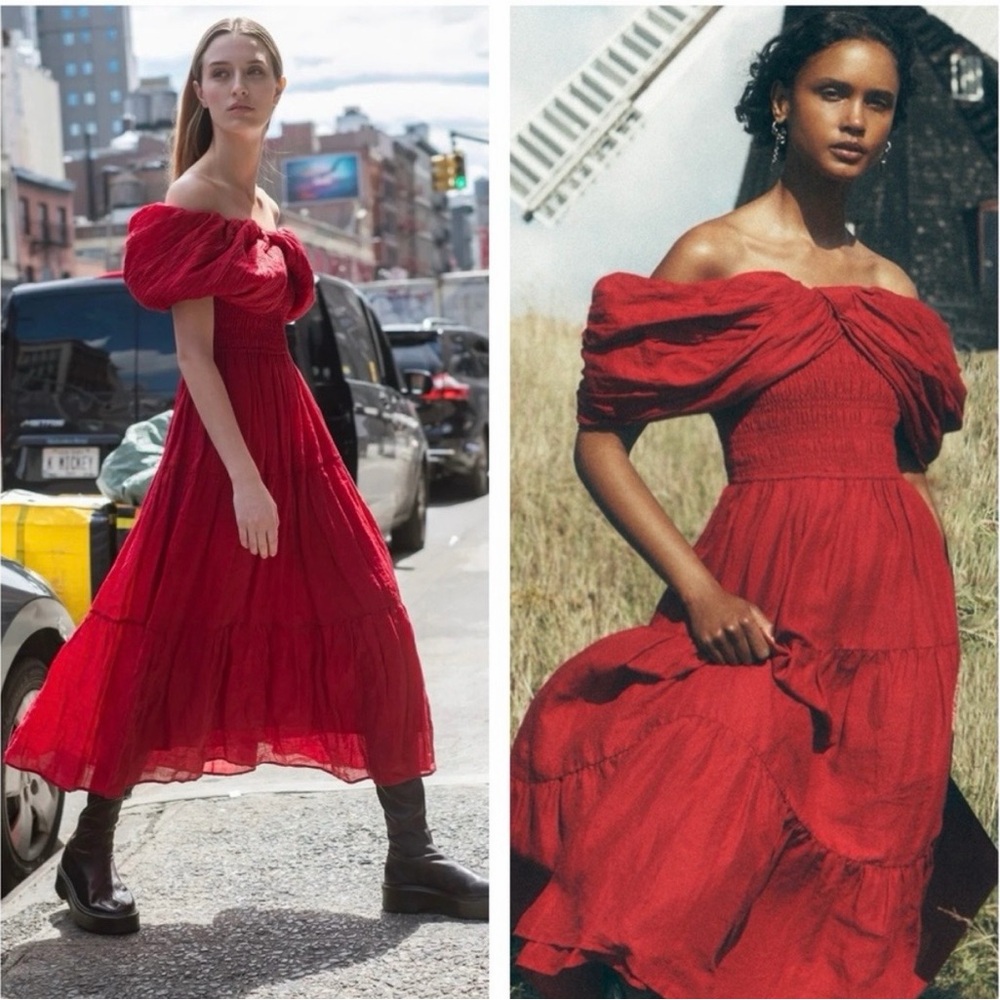 Sea New York Loren Solid Cambric Off Shoulder Dress Red Size Small